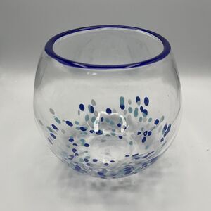 Art Glass Vase Bowl Hand Blown Glass Fish Bowl Beach Decor Cobalt Blue Dots